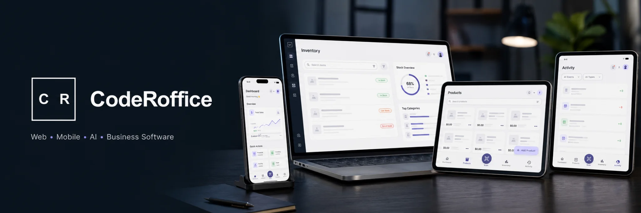 Inventro inventory management platform displayed across a laptop, smartphones and tablet